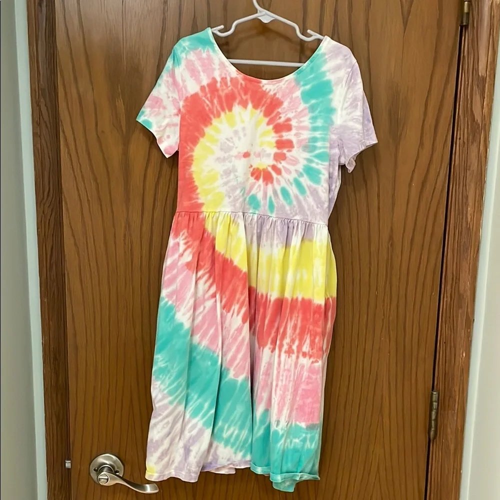 LANDS END UGC Girls Size Large Colorful Tie-Dye Short Sleeve Dress - Picture 6 of 8
